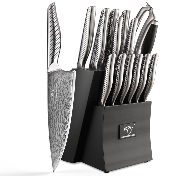 16 Pieces Damascus Steel Knife Set with Black Knife Block, 6 Steak Knives, Kitchen Shears and Sharpening Rod