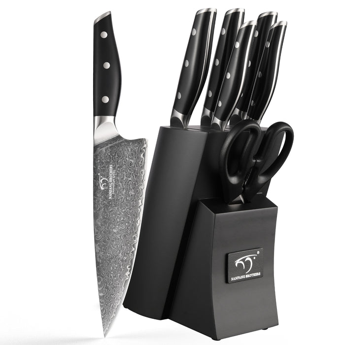 7 Pieces Damascus Steel Knife Set with Black Block, Kitchen Shears, Chef Knife, Santoku Knives and Premium Kitchen Storage