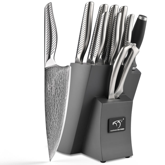 10 Pieces Damascus Steel Knife Set with Grey Block, Sharpener, Kitchen Shears and Professional Kitchen Knives