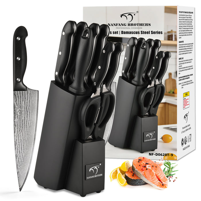 9 Pieces Damascus Steel Knife Set with the Black Block, Sharpeners, Kitchen Scissor and Utility Knife