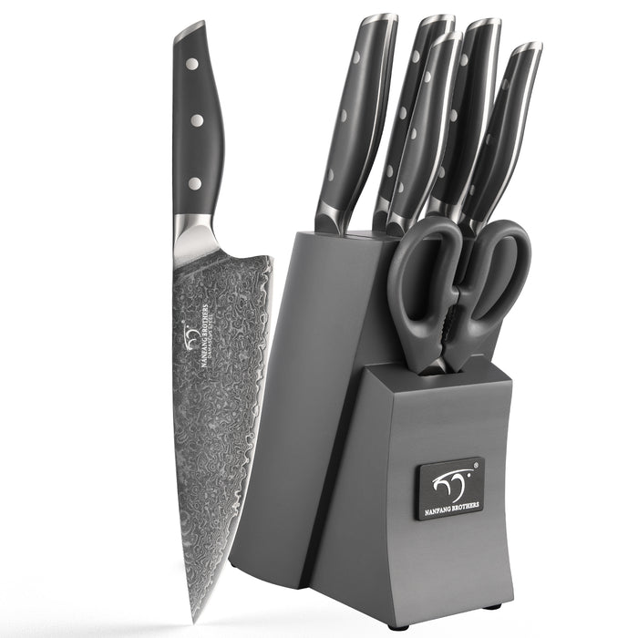 7 Pieces Damascus Steel Knife Set with Gray Block, Kitchen Shears, Chef Knife, Santoku Knives and Professional Kitchen Knives