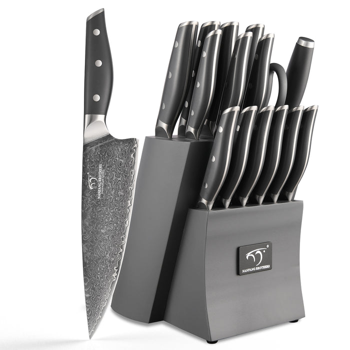 16 Pieces Damascus Steel Knife Set with Gray Block, Sharpening Rod, Steak Knives, Kitchen Shears and Professional Chef Knives
