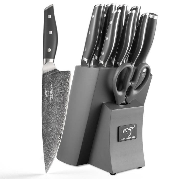 10 Pieces Damascus Steel Knife Set with Gray Block, Sharpening Rod, Kitchen Shears and Professional Chef Knives