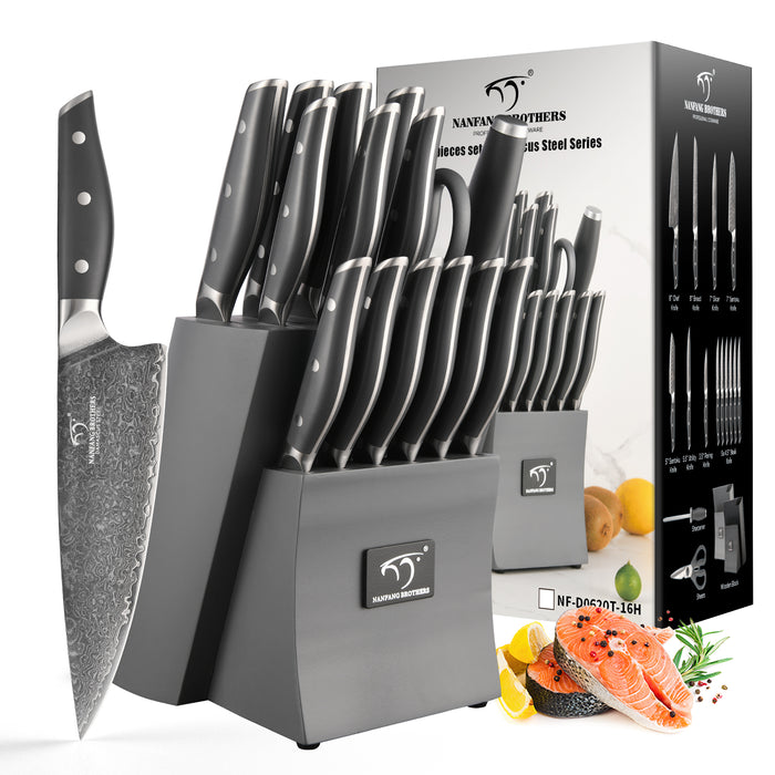 16 Pieces Damascus Steel Knife Set with Gray Block, Sharpening Rod, Steak Knives, Kitchen Shears and Professional Chef Knives
