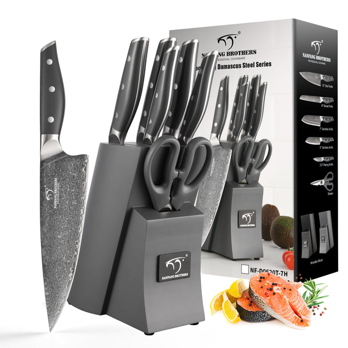 7 Pieces Damascus Steel Knife Set with Gray Block, Kitchen Shears, Chef Knife, Santoku Knives and Professional Kitchen Knives
