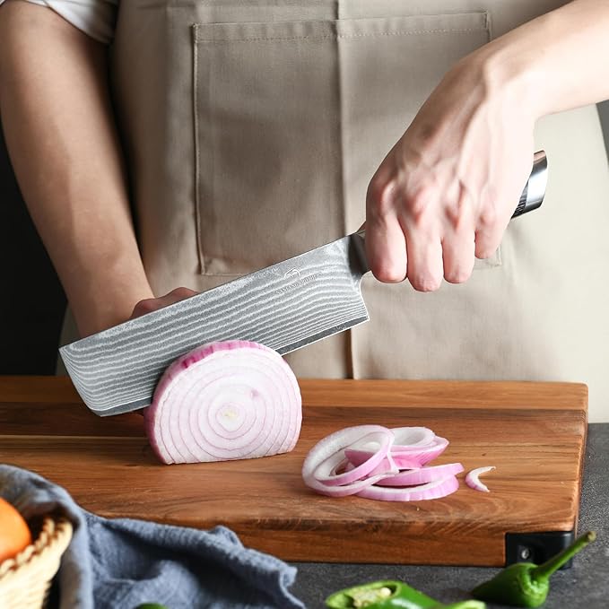 Damascus Cleaver Knife, 7 Inch Professional Kitchen Knife with Non-slip Micarta Wood Ergonomic Handle, All Purpose Chef Knife Meat Cleaver Vegetables Chopping, Razor Sharp Lightweight