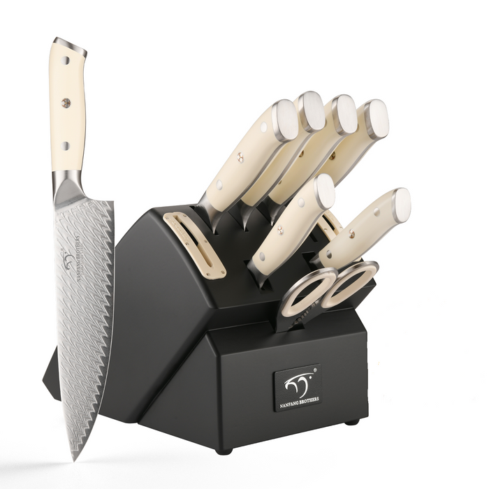 10-Pieces Damascus Kitchen Knife Set with Wooden Block, inner Sharpener and Shear