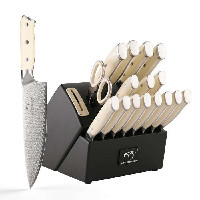 19-Pieces Damascus Kitchen Knife Set with Wooden Block, steak knives, inner Sharpener and Shear