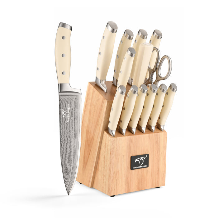 14-Pieces Damascus Kitchen Knife Set with Rubber Wood Block and White Handle