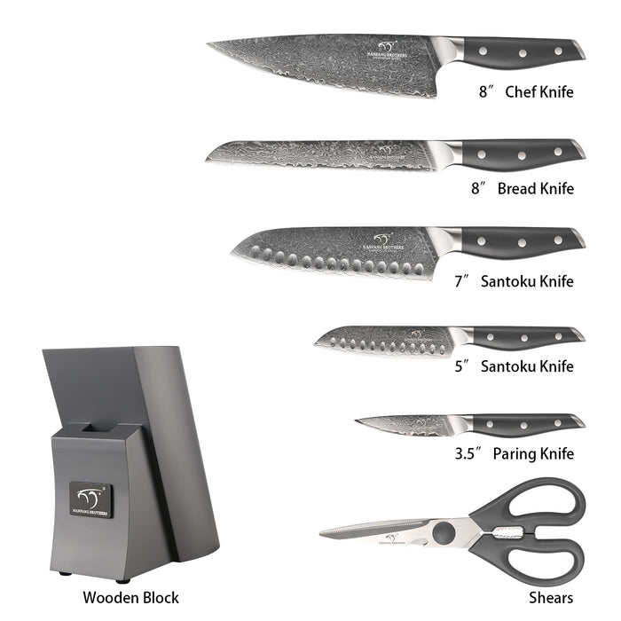 7 Pieces Damascus Steel Knife Set with Gray Block, Kitchen Shears, Chef Knife, Santoku Knives and Professional Kitchen Knives