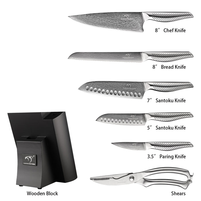 7 Pieces Damascus Steel Knife Set with Black Block, Kitchen Shears, Sharpener and Professional Kitchen Knives