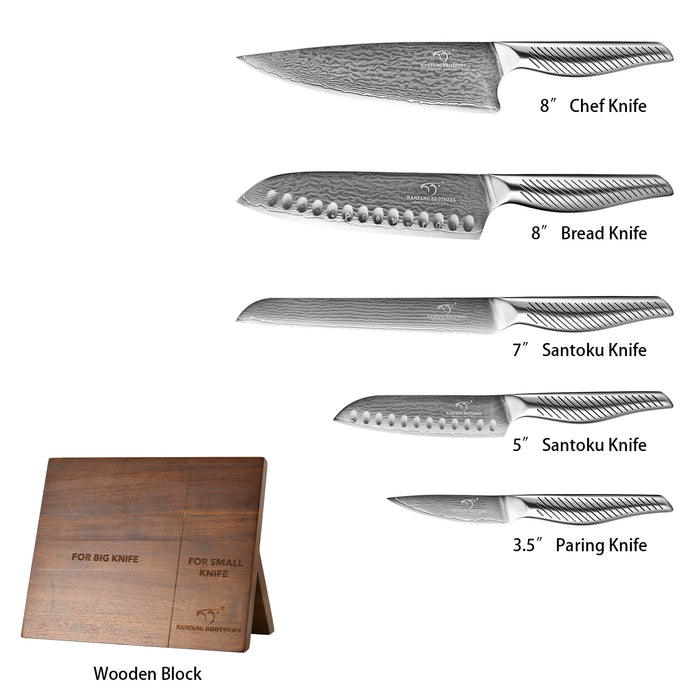 6 Pieces Damascus Steel Knife Set with Magnetic Block, Chef Knife, Santoku Knife, Paring Knife and Modern Kitchen Storage