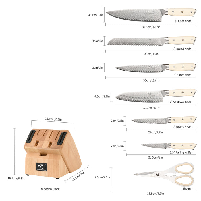 10-Pieces Damascus Kitchen Knife Set with Wooden Block, inner Sharpener and Shear