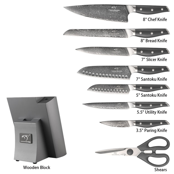 10 Pieces Damascus Steel Knife Set with Gray Block, Sharpening Rod, Kitchen Shears and Professional Chef Knives
