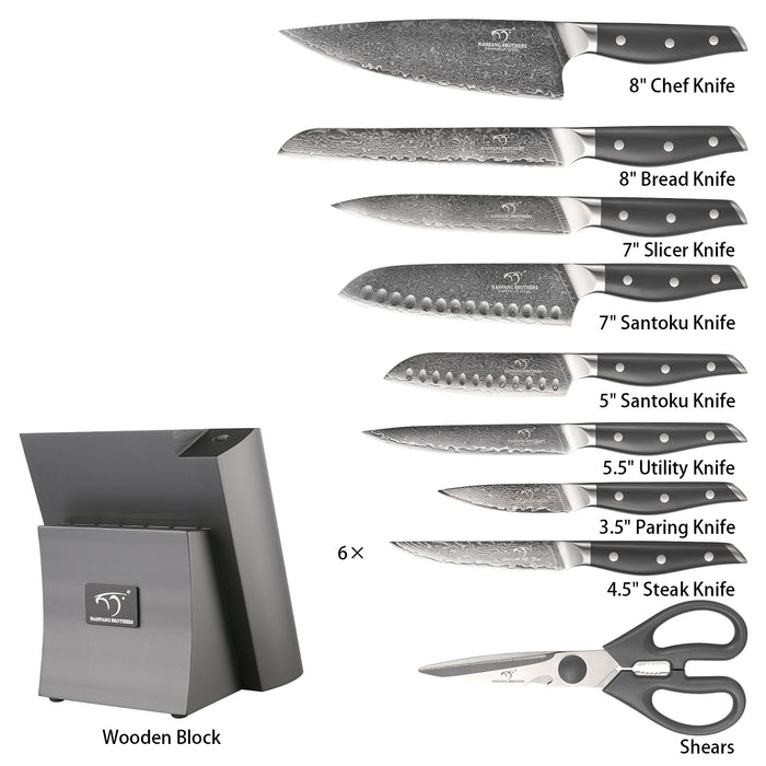 16 Pieces Damascus Steel Knife Set with Gray Block, Sharpening Rod, Steak Knives, Kitchen Shears and Professional Chef Knives