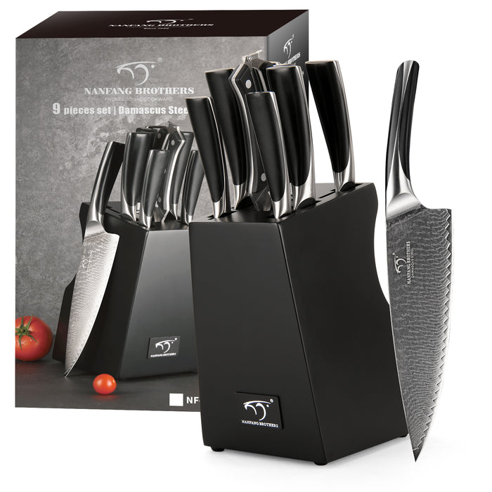 9-Pieces Damascus Kitchen Knife Set with Black Wooden Block