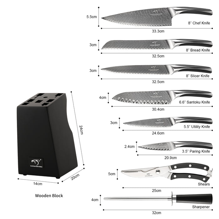 9-Pieces Damascus Kitchen Knife Set with Black Wooden Block