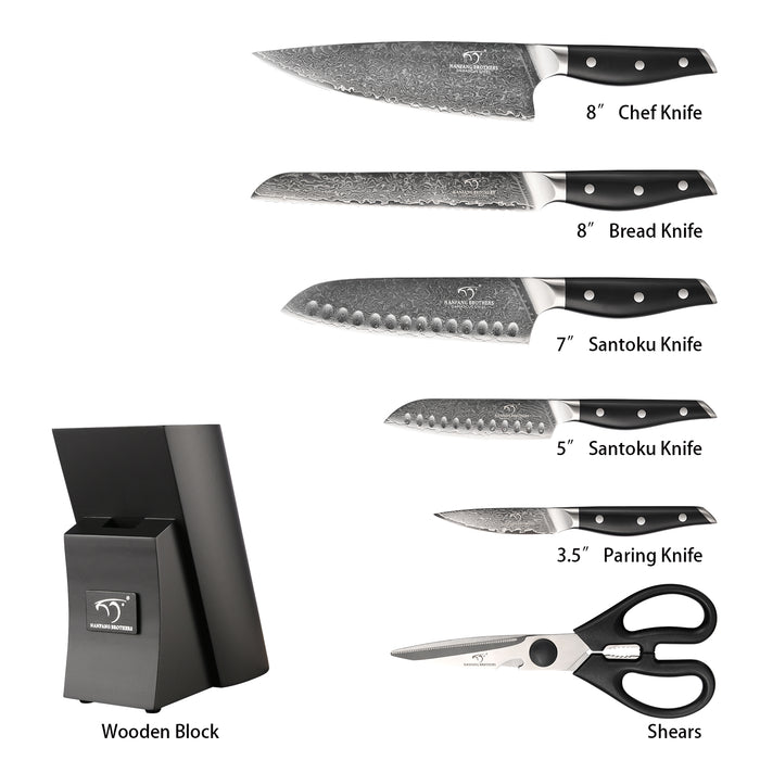 7 Pieces Damascus Steel Knife Set with Black Block, Kitchen Shears, Chef Knife, Santoku Knives and Premium Kitchen Storage
