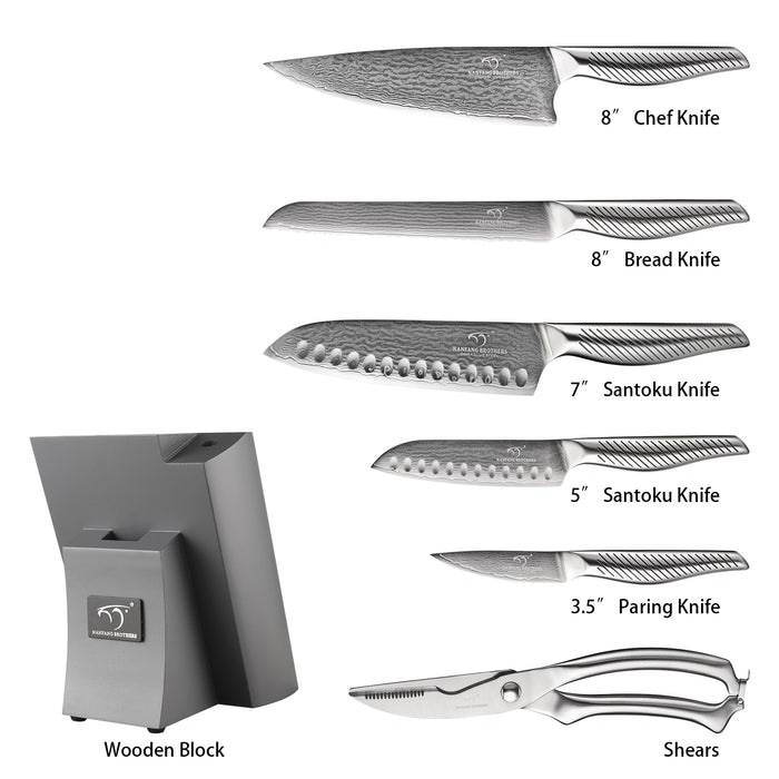 7 Pieces Damascus Steel Knife Set with Grey Block, Kitchen Shears, Sharpener and Professional Kitchen Knives