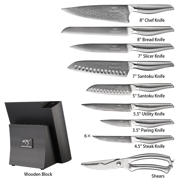 16 Pieces Damascus Steel Knife Set with Black Knife Block, 6 Steak Knives, Kitchen Shears and Sharpening Rod