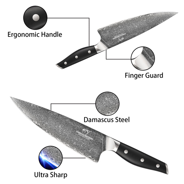 7 Pieces Damascus Steel Knife Set with Black Block, Kitchen Shears, Chef Knife, Santoku Knives and Premium Kitchen Storage
