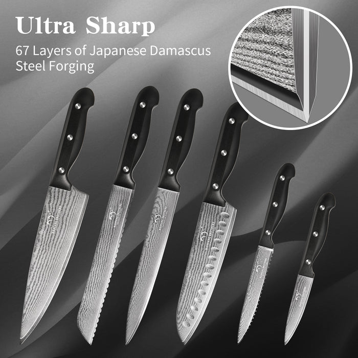 9 Pieces Damascus Steel Knife Set with the Black Block, Sharpeners, Kitchen Scissor and Utility Knife