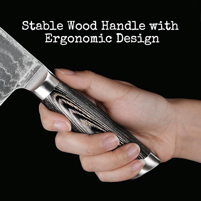 Damascus Cleaver Knife, 7 Inch Professional Kitchen Knife with Non-slip Micarta Wood Ergonomic Handle, All Purpose Chef Knife Meat Cleaver Vegetables Chopping, Razor Sharp Lightweight