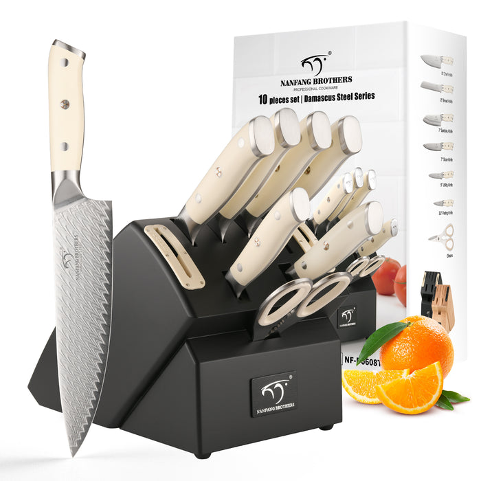 10-Pieces Damascus Kitchen Knife Set with Wooden Block, inner Sharpener and Shear