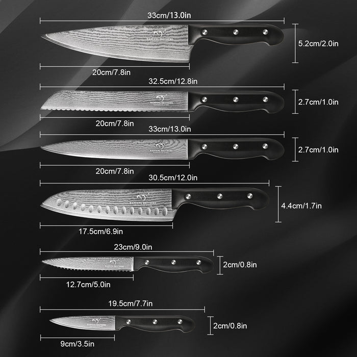 9 Pieces Damascus Steel Knife Set with the Black Block, Sharpeners, Kitchen Scissor and Utility Knife