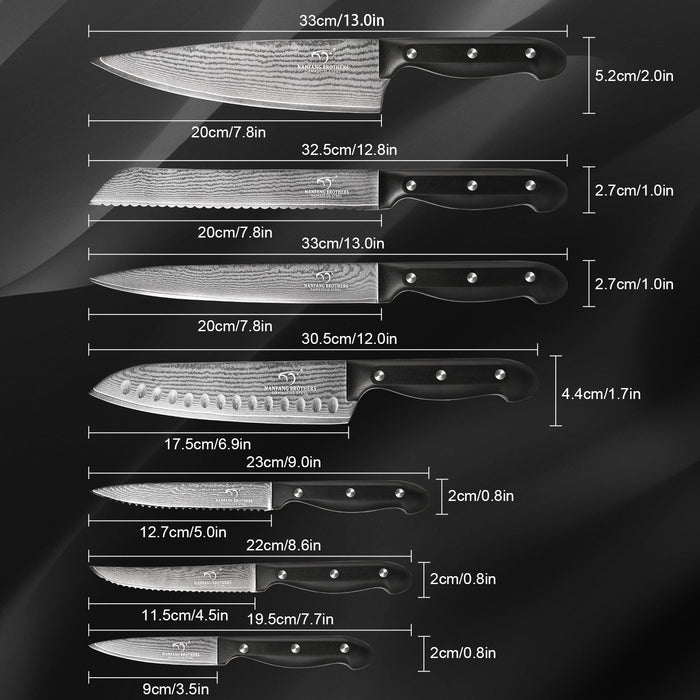 15 Pieces Damascus Steel Knife Set with Black Block, Steak Knives, Kitchen Shears and Sharpener