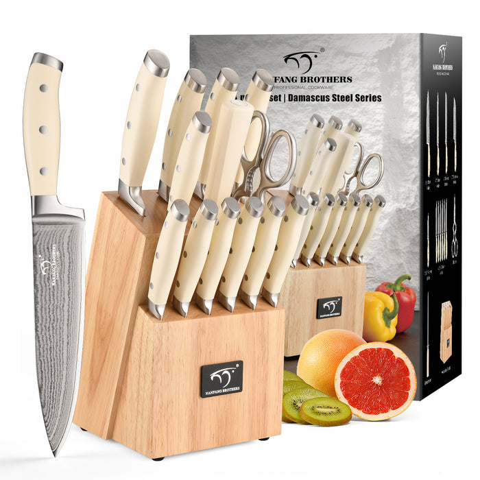 14-Pieces Damascus Kitchen Knife Set with Rubber Wood Block and White Handle