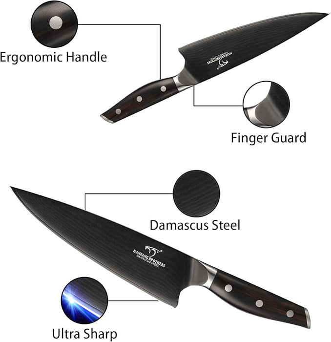 7-Piece Damascus Knife Set with Wood Block - Black Titanium Coated Kitchen Knives for Professional Chefs & Home Cooking | Ultra Sharp Chef Knife Set with Kitchen Shears