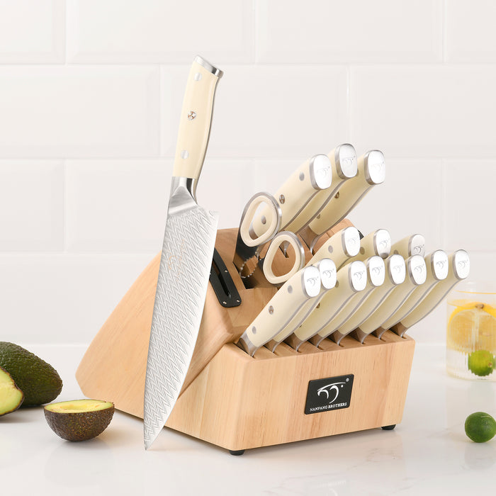 19-Pieces Damascus Kitchen Knife Set with Wooden Block, steak knives, inner Sharpener and Shear
