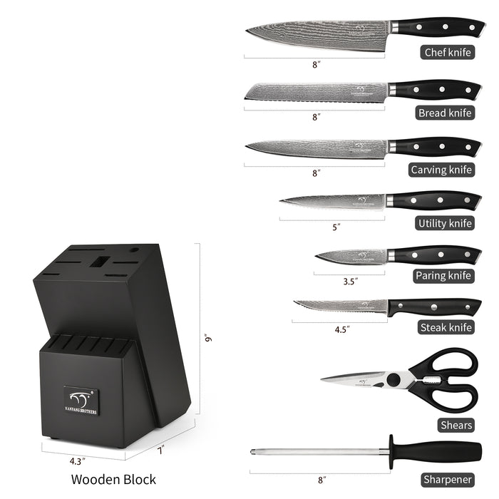 14 Pieces Damascus Steel Knife Set with Black Wooden Block, Sharpening Steel, Steak Knives and Kitchen Shears