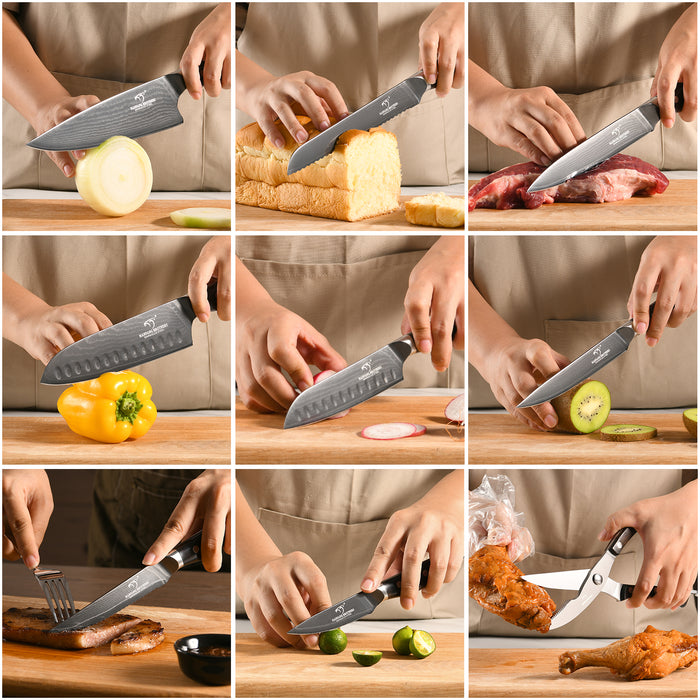 16 Pieces Damascus Steel Knife Set with Wood Handles, Wooden Block, Sharpening Steel, Steak Knives and Kitchen Shears
