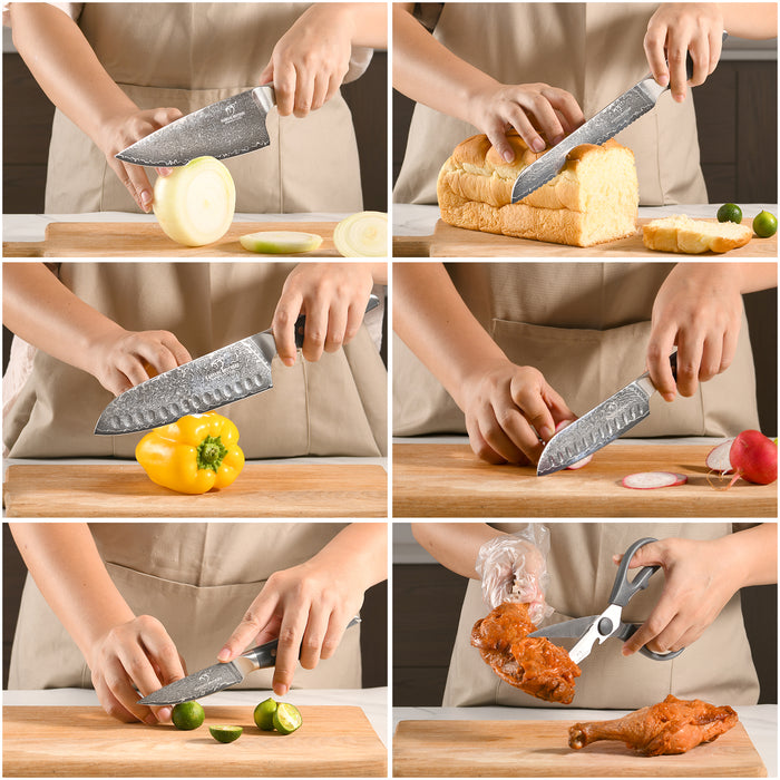 7 Pieces Damascus Steel Knife Set with Gray Block, Kitchen Shears, Chef Knife, Santoku Knives and Professional Kitchen Knives