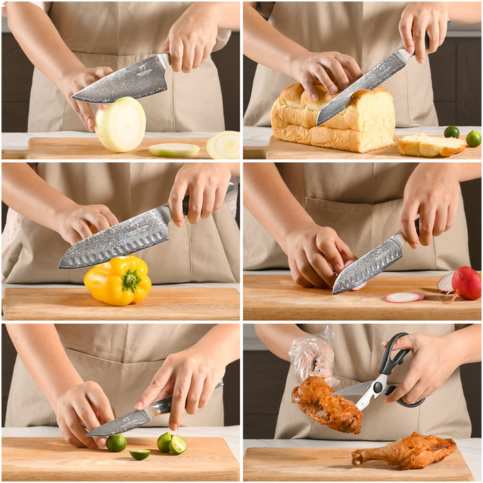 7 Pieces Damascus Steel Knife Set with Black Block, Kitchen Shears, Chef Knife, Santoku Knives and Premium Kitchen Storage
