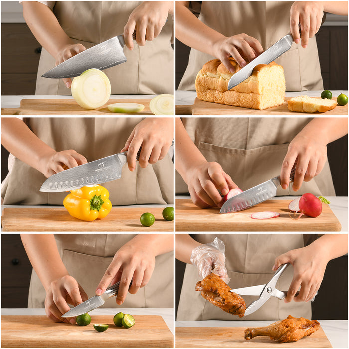 7 Pieces Damascus Steel Knife Set with Grey Block, Kitchen Shears, Sharpener and Professional Kitchen Knives