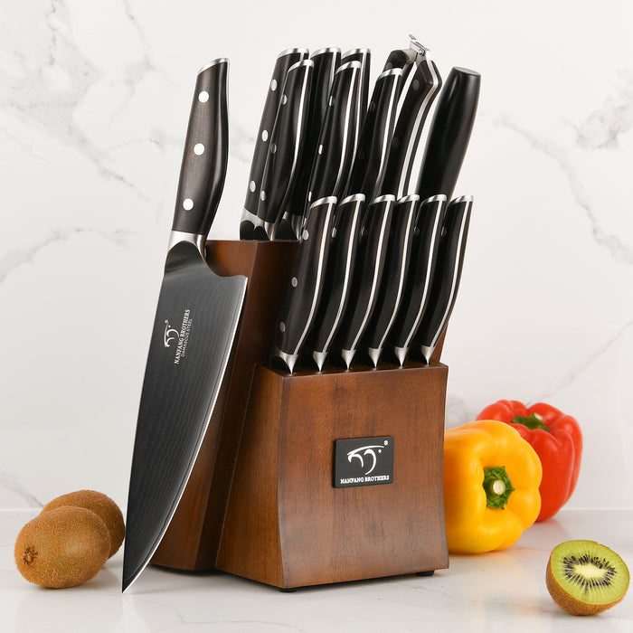 16 Pieces Damascus Steel Knife Set with Wood Handles, Wooden Block, Sharpening Steel, Steak Knives and Kitchen Shears
