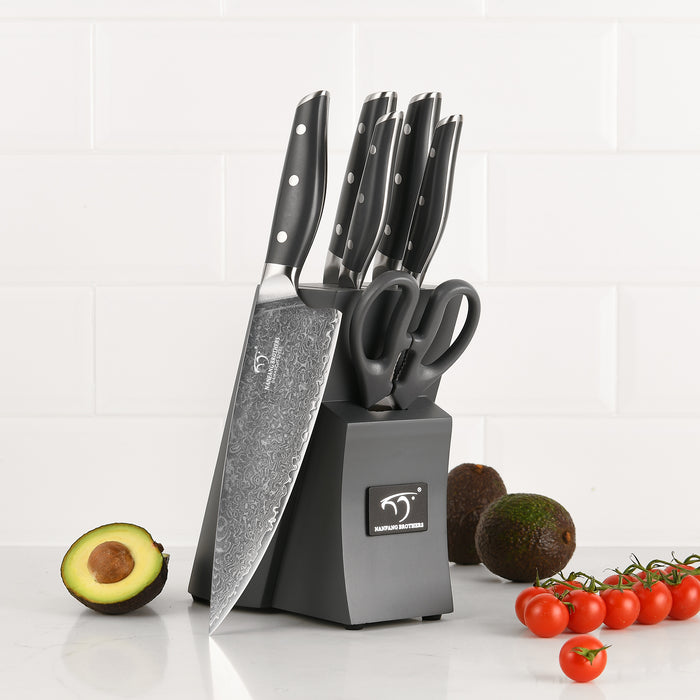 7 Pieces Damascus Steel Knife Set with Gray Block, Kitchen Shears, Chef Knife, Santoku Knives and Professional Kitchen Knives