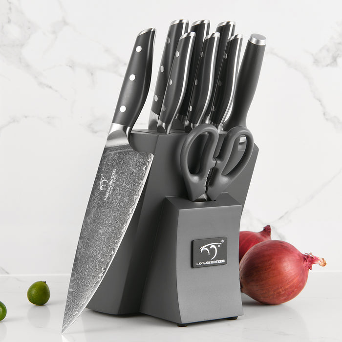 10 Pieces Damascus Steel Knife Set with Gray Block, Sharpening Rod, Kitchen Shears and Professional Chef Knives