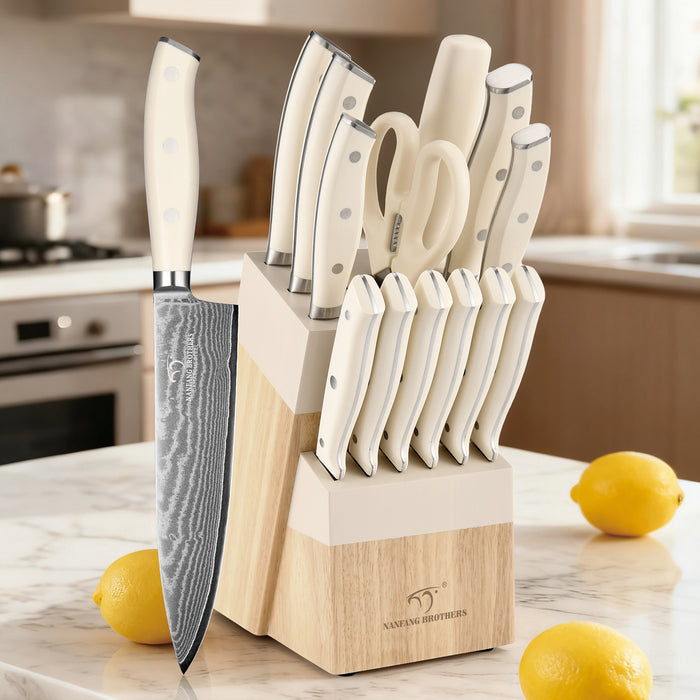 14 Pieces Damascus Steel Knife Set with Wooden Block, Sharpening Steel, Steak Knives and Kitchen Shears