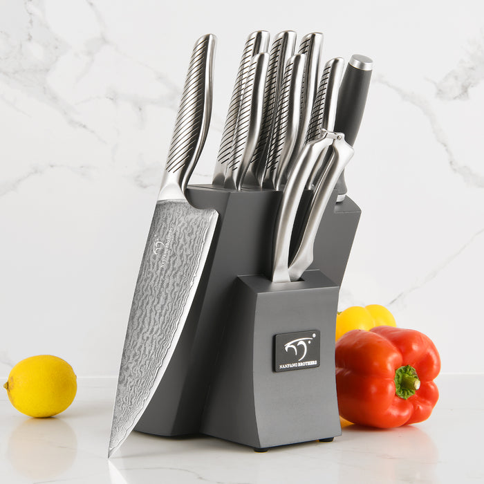 10 Pieces Damascus Steel Knife Set with Grey Block, Sharpener, Kitchen Shears and Professional Kitchen Knives