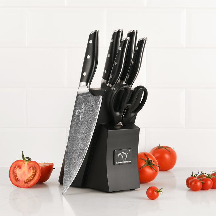 7 Pieces Damascus Steel Knife Set with Black Block, Kitchen Shears, Chef Knife, Santoku Knives and Premium Kitchen Storage
