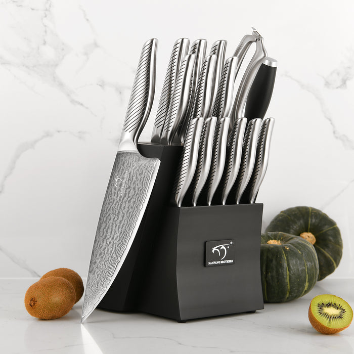 16 Pieces Damascus Steel Knife Set with Black Knife Block, 6 Steak Knives, Kitchen Shears and Sharpening Rod