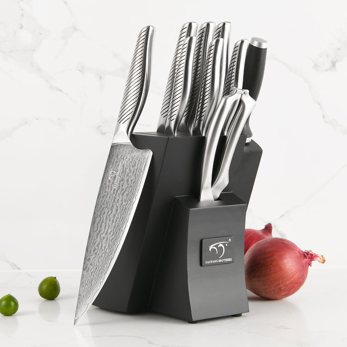 10 Pieces Damascus Steel Knife Set with the Black Block, Steak Knives, Kitchen Shears and Sharpener