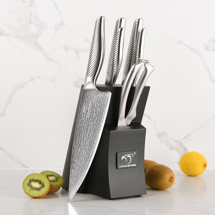 7 Pieces Damascus Steel Knife Set with Black Block, Kitchen Shears, Sharpener and Professional Kitchen Knives