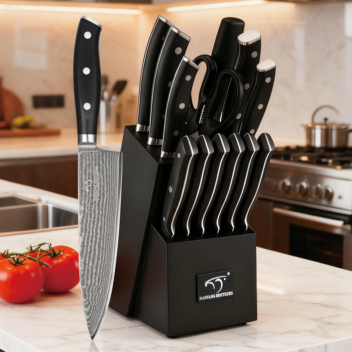 14 Pieces Damascus Steel Knife Set with Black Wooden Block, Sharpening Steel, Steak Knives and Kitchen Shears