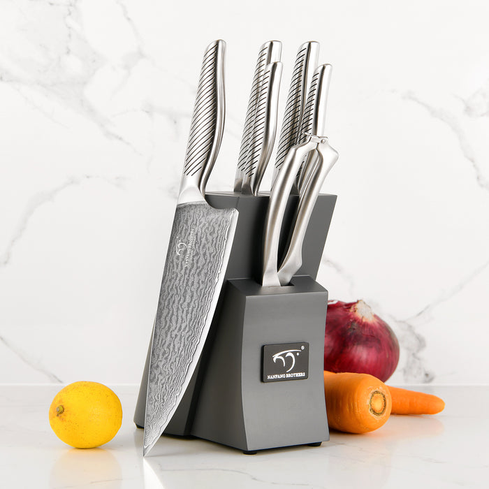 7 Pieces Damascus Steel Knife Set with Grey Block, Kitchen Shears, Sharpener and Professional Kitchen Knives