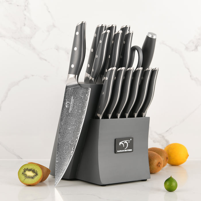 16 Pieces Damascus Steel Knife Set with Gray Block, Sharpening Rod, Steak Knives, Kitchen Shears and Professional Chef Knives